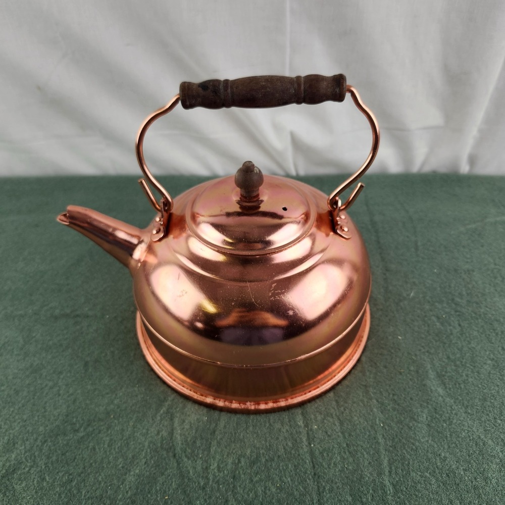 Vintage Copper Tea Kettle Wood Handle Hong Kong Rustic Country Decor